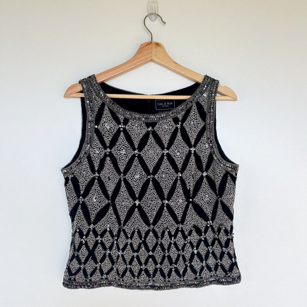 Vintage Cote d'Azur Evening Women's Black Silk Sequined Beaded Event Top Medium